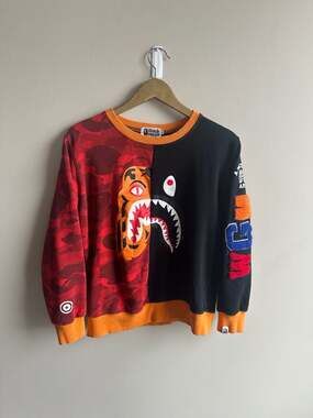 A Bathing Ape BAPE Tiger Shark Split Crewneck Sweatshirt Size L